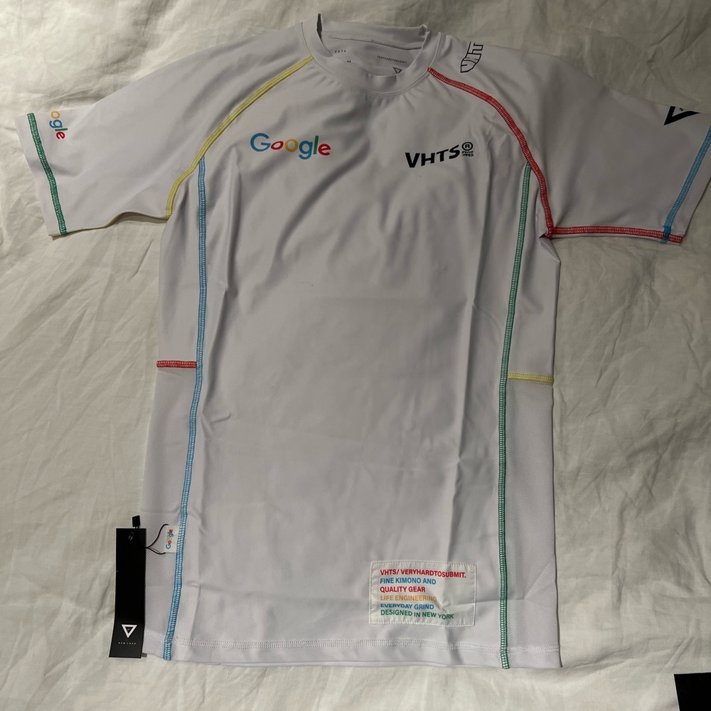 White VHTS rash guard with Google logo - NWT - size M